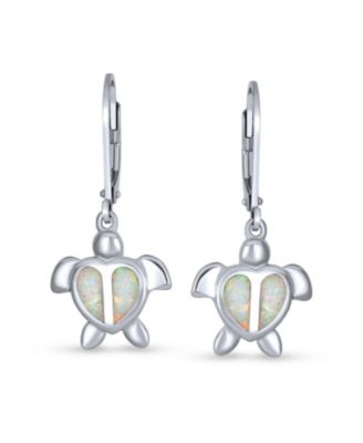 Nautical Dangle Synthetic Opal Heart Turtle Drop Earrings in Sterling Silver
