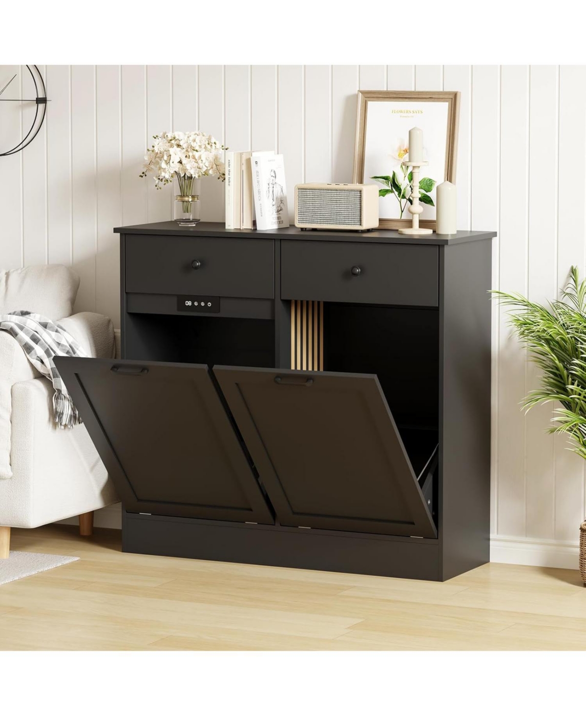Double Tilt Out Trash Cabinet 20 Gallon,Hidden Wooden Trash Can Cabinet with Deodorizing Function,Farmhouse Laundry Hamper Cabinet, Pet Proof T
