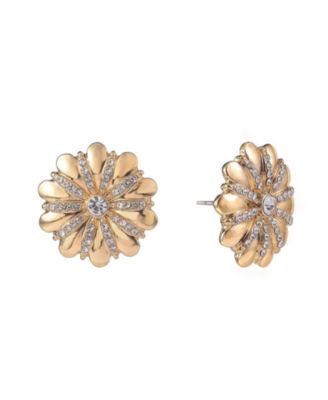 Gold Tone Flower Button Earrings