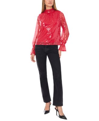 Women's Sequin Draped-Back Mock-Neck Top