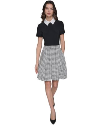 KARL LAGERFELD PARIS - Women's Collared Mixed-Media A-Line Dress