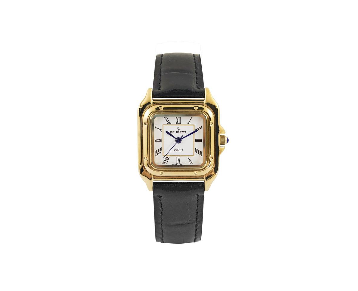 Women's 14K Gold-Plated 32mm Tank Shape Black Leather Strap Watch - Black