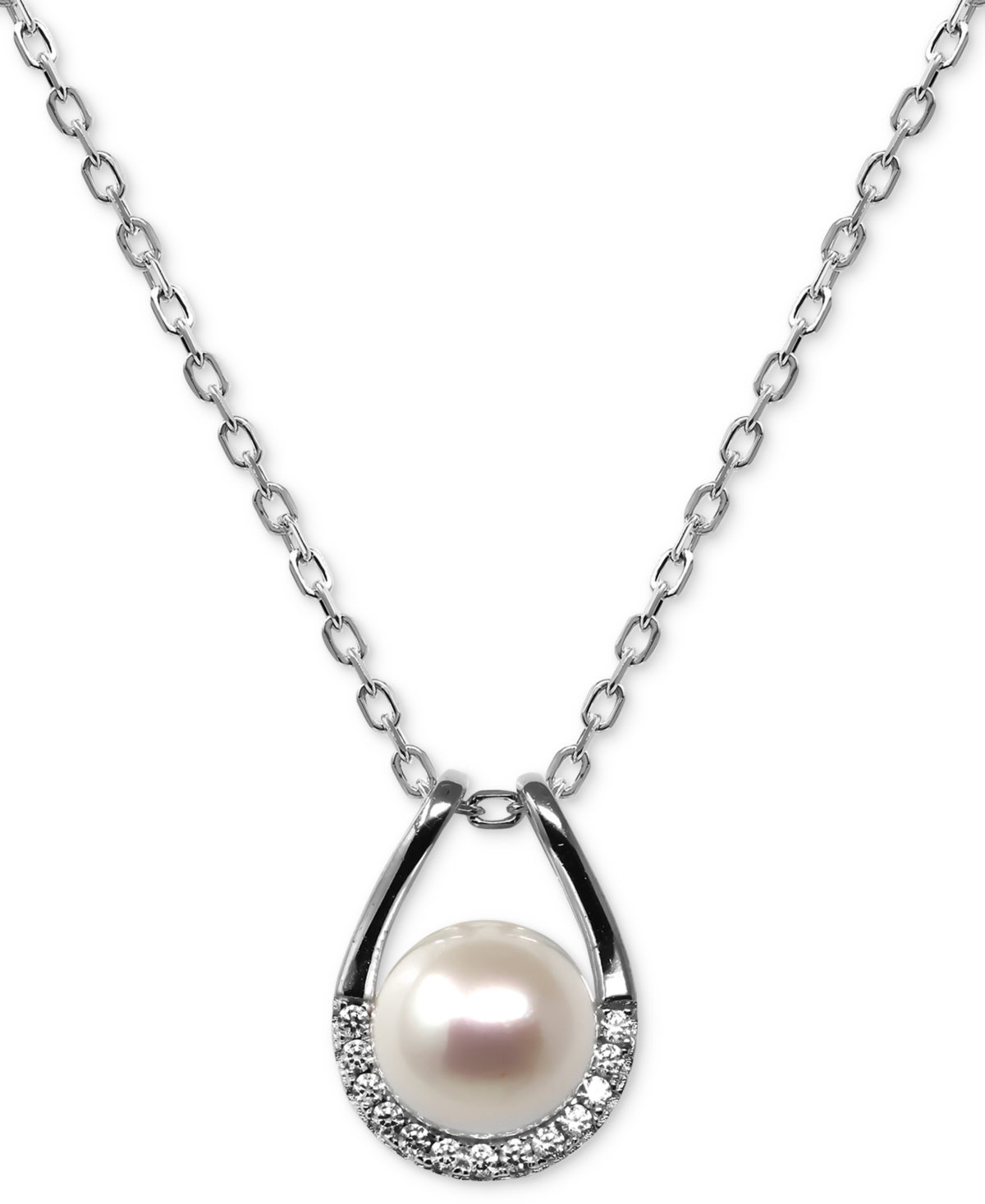 Macy's Cultured Freshwater Button Pearl (8mm) & Diamond (1/10 Ct. T.w.) Open 18" Pendant Necklace In Sterli In Silver