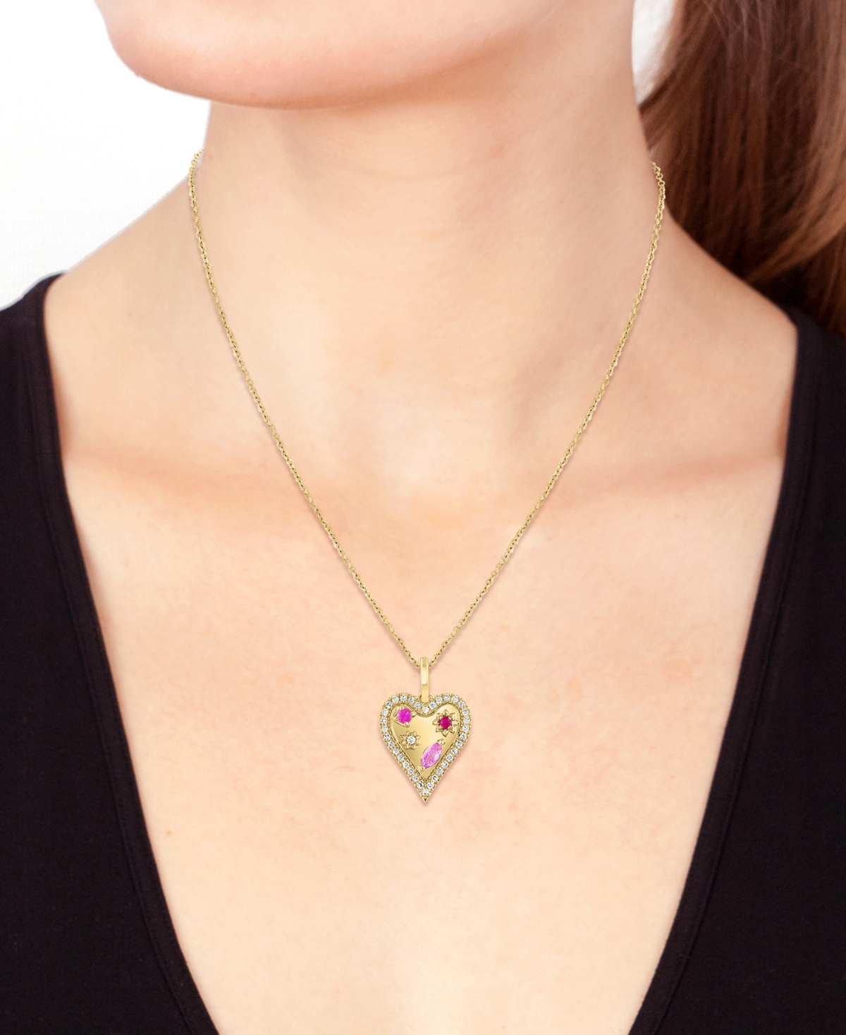 Effy Collection Effy Pink Sapphire (1/8 Ct. T.w.), Ruby Accent, & Diamond (1/6 Ct. T.w.) Heart Halo 18" Pendant Neck In Gold