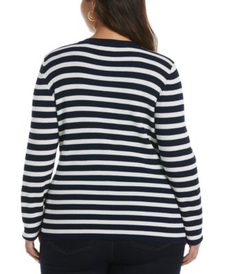 Plus Size Snap Trim Stripe Asymmetrical Sweater