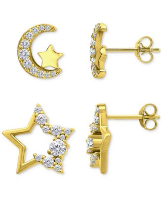 Cubic Zirconia Half Moon & Star 2-Pc. Set Stud Earrings (1-3/8 ct. t.w.) in 18k Gold over Sterling Silver, Exclusively at Macy's 