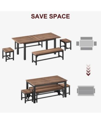 63" 5-Piece Metal Frame Extendable Dining Table Set with Benches & Stools