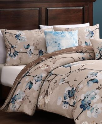 Blue Blossom Bedding 220 Thread Count Cotton Sateen Reversible 5 Piece Comforter Set, Queen Size