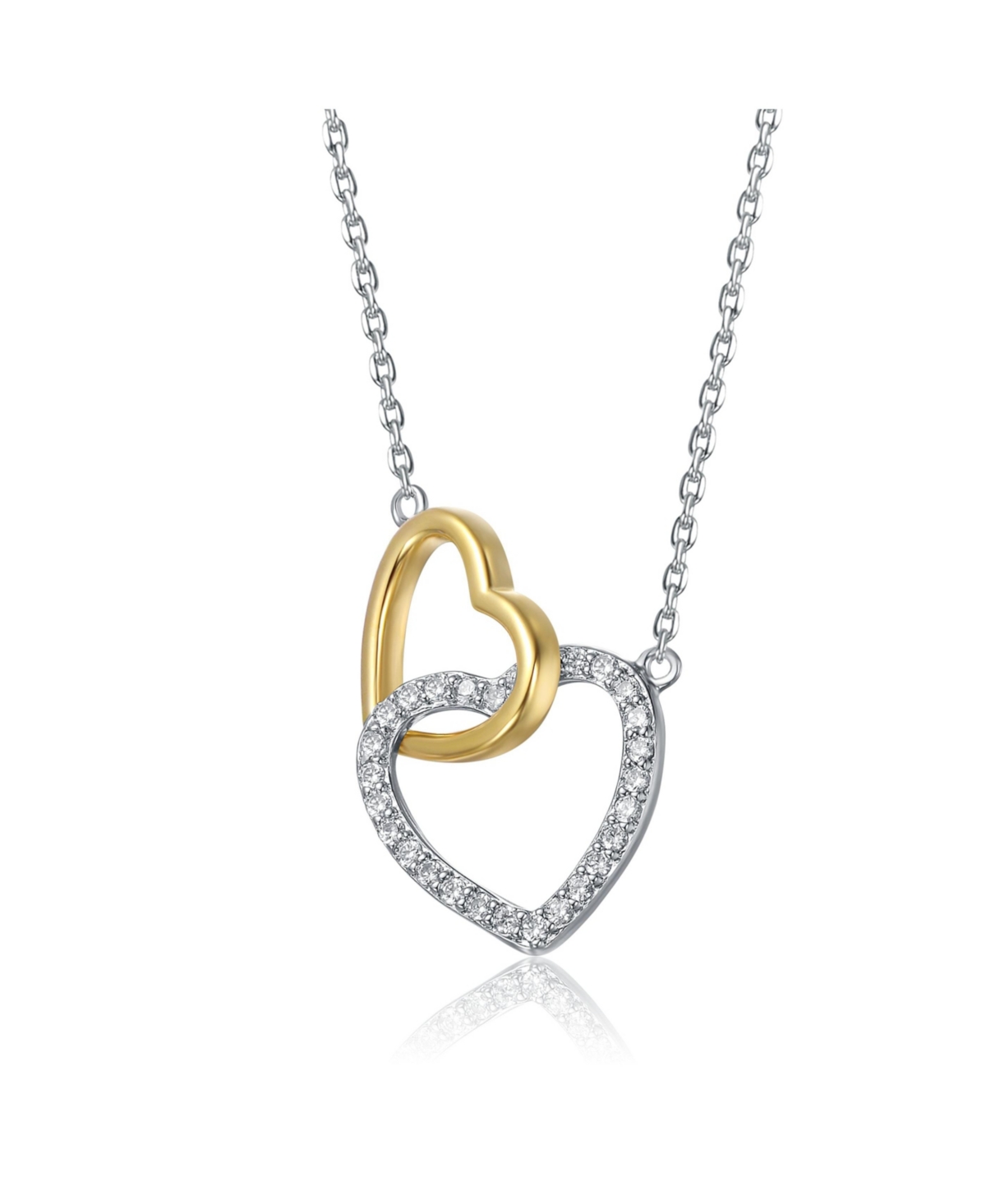 Sterling Silver Two-Tone Double Heart Pendant with Clear Cubic Zirconia - White