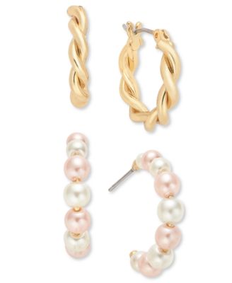Charter Club - Gold-Tone 2-Pc. Set Pink & White Imitation Pearl Twisted Hoop Earrings