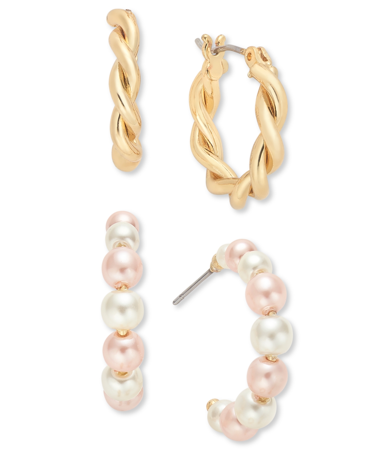 Gold-Tone 2-Pc. Set Pink & White Imitation Pearl Twisted Hoop Earrings, Exclusively at Macy's - Pink