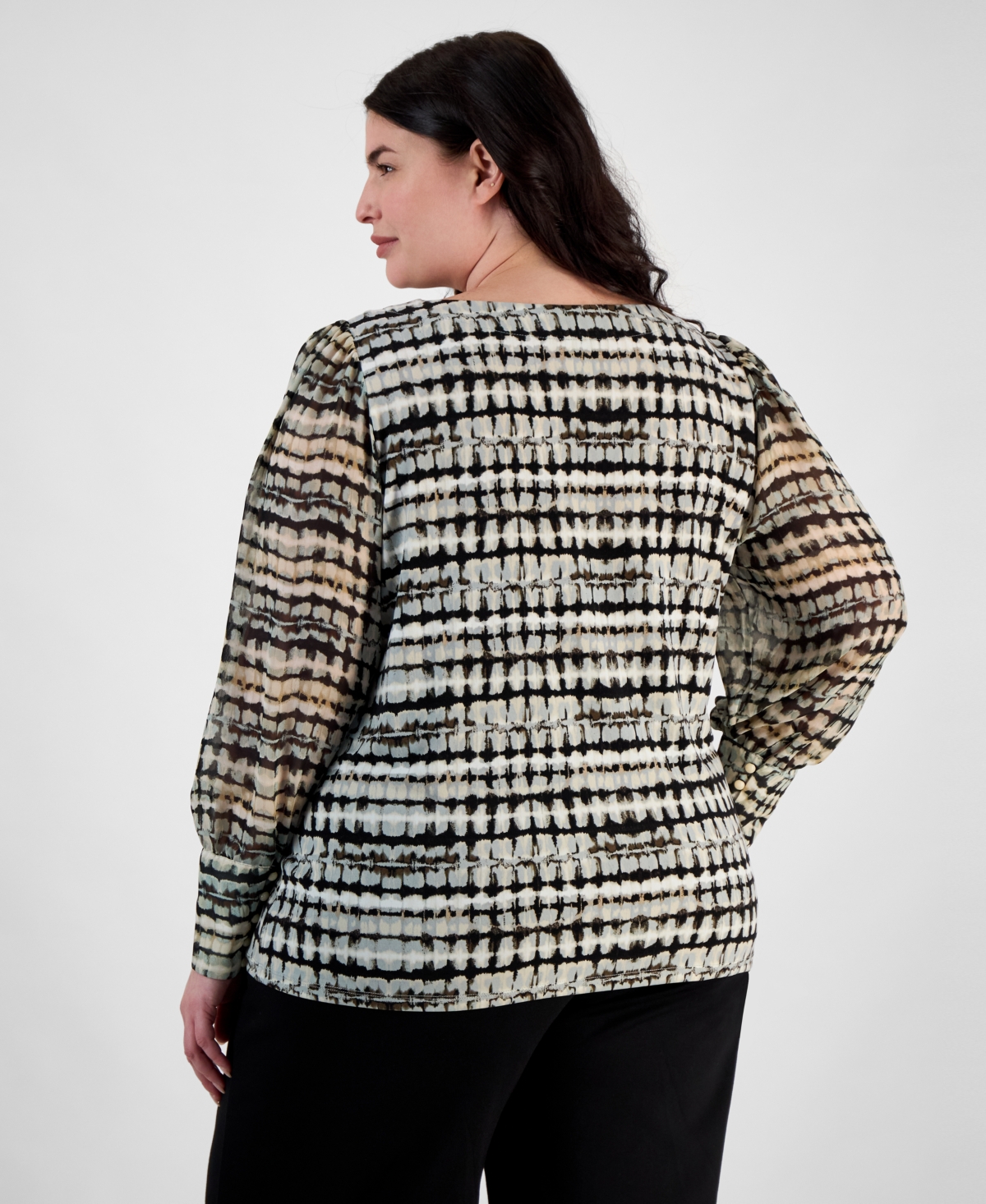 Anne Klein Plus Size Printed Chiffon Sheer-sleeve Top In Anne Black Multi