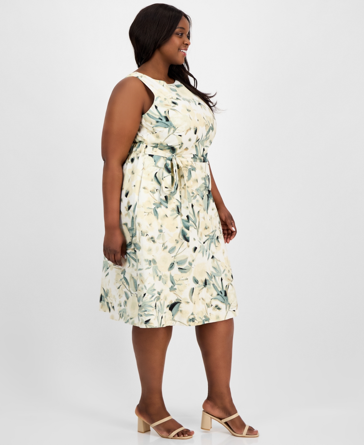 Anne Klein Plus Size Floral-print Linen-blend Fit & Flare Dress In White Dove Multi