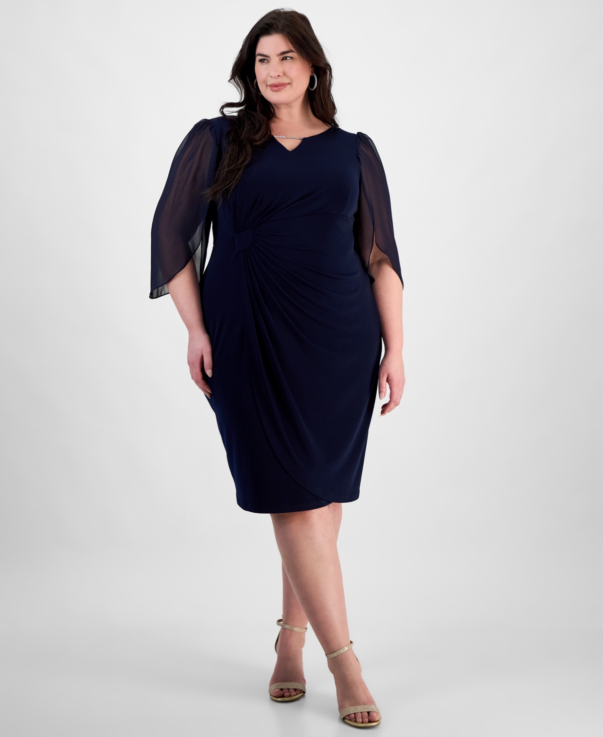 Plus Size Sheer-Sleeve Chain-Detail Sheath Dress - Nvy