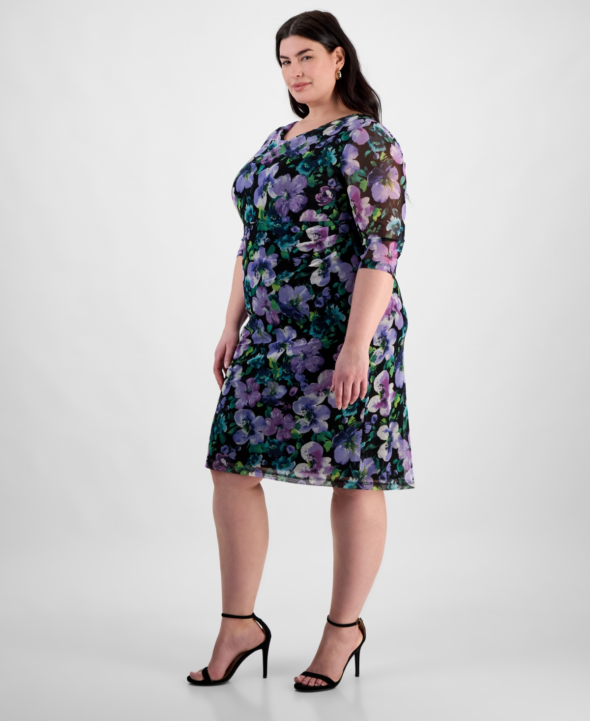 Connected Plus Size Printed Mesh 3/4-sleeve Sheath Dress In Blk