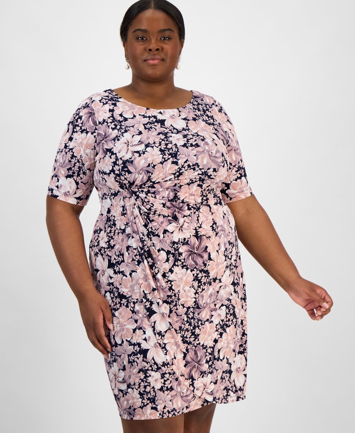 Connected Plus Size Floral-print Gathered-waist Dress In Nam