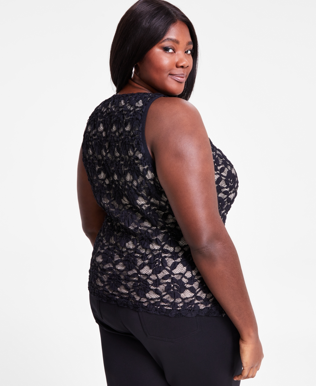 Bar Iii Trendy Plus Size Crewneck Sleeveless Lace Top, Exclusively At Macy's In Deep Black