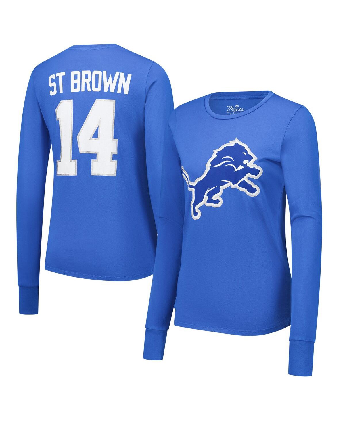 MAJESTIC WOMEN'S THREADS AMON-RA ST. BROWN BLUE DETROIT LIONS PLAYER NAME NUMBER LONG SLEEVE T-SHIRT 