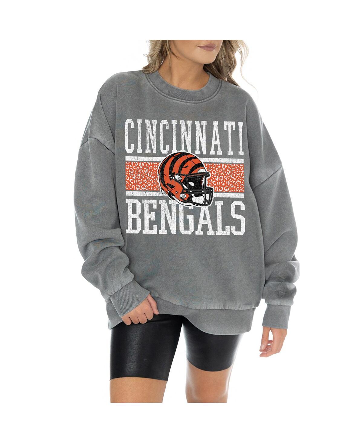 GAMEDAY COUTURE WOMEN'SÂ GRAY CINCINNATI BENGALS VINTAGE WASH OVERSIZED CREWNECK FLEECE PULLOVER 