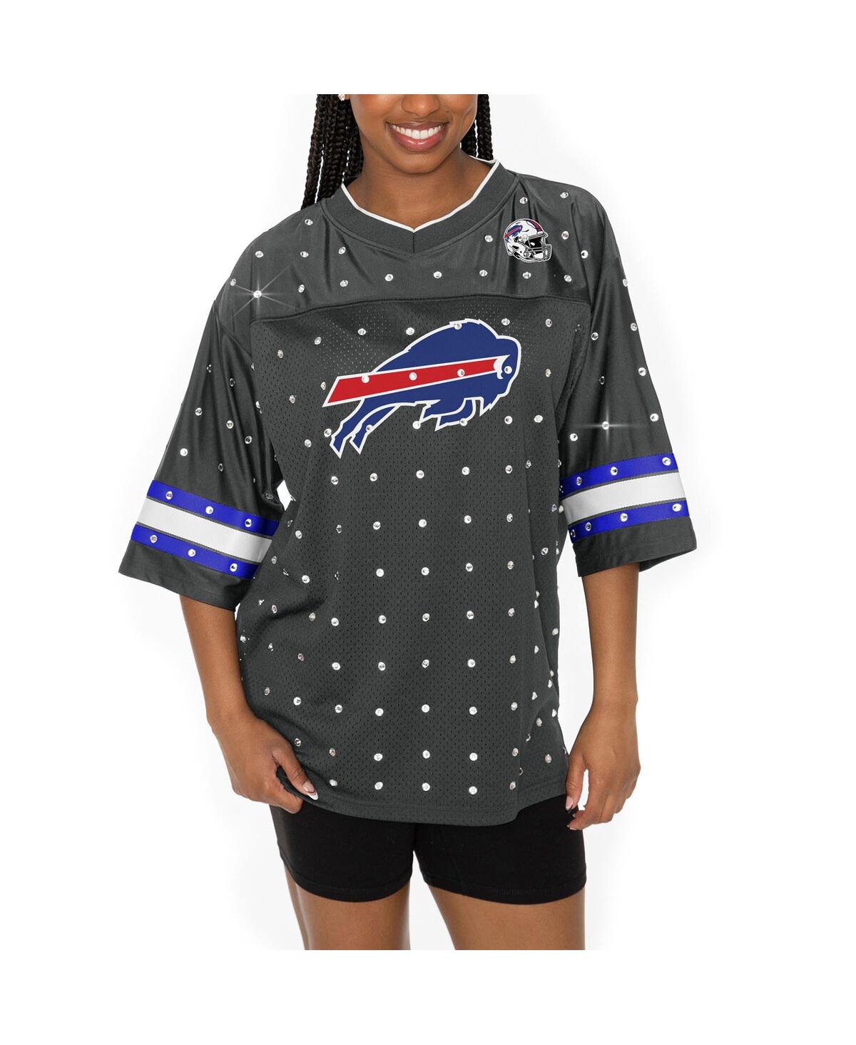 Gameday Couture Women's Anthracite Buffalo Bills Kickoff Time Allover Rhinestone Sports Stripe Jersey V-neck T-shirt In Anthracite,royal