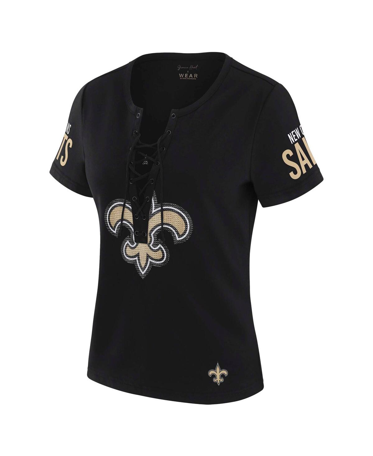 Wear By Erin Andrews X Gracie Hunt Women's Black New Orleans Saints Draft Me Lace-up T-shirt In Black