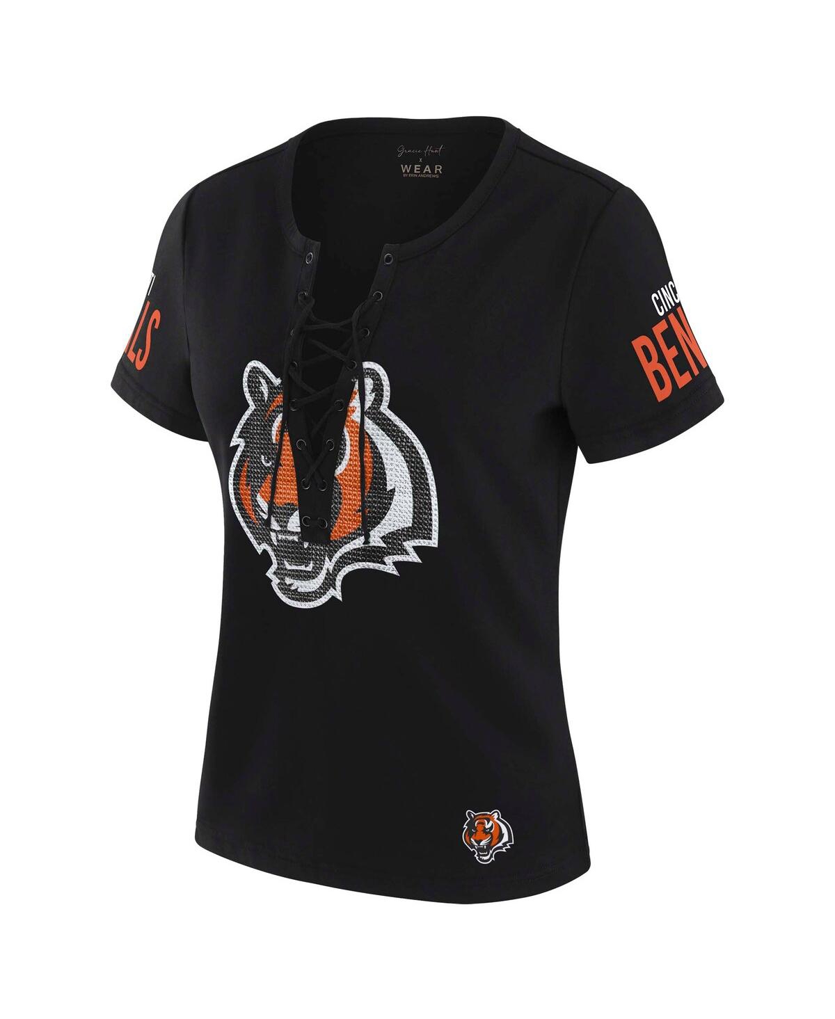 Wear By Erin Andrews X Gracie Hunt Women's Black Cincinnati Bengals Draft Me Lace-up T-shirt In Black