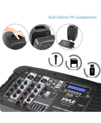 Stage & Studio PA Speaker & DJ Mixer Bundle Kit - (2) 10" Bluetooth PA Loudspeakers with Built-in LED Lights, 8-Ch. Audio Mixer, Speaker Stands, Wired Microphone (600W)