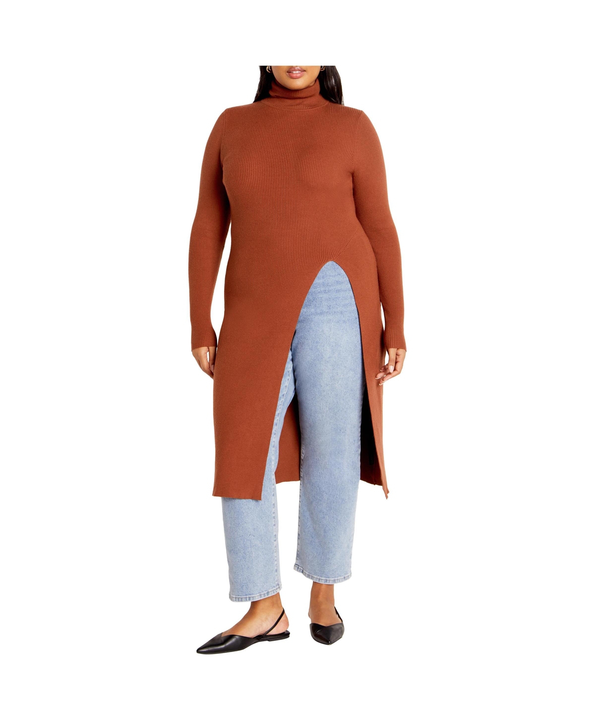 Plus Size Longline Split Sweater - Copper