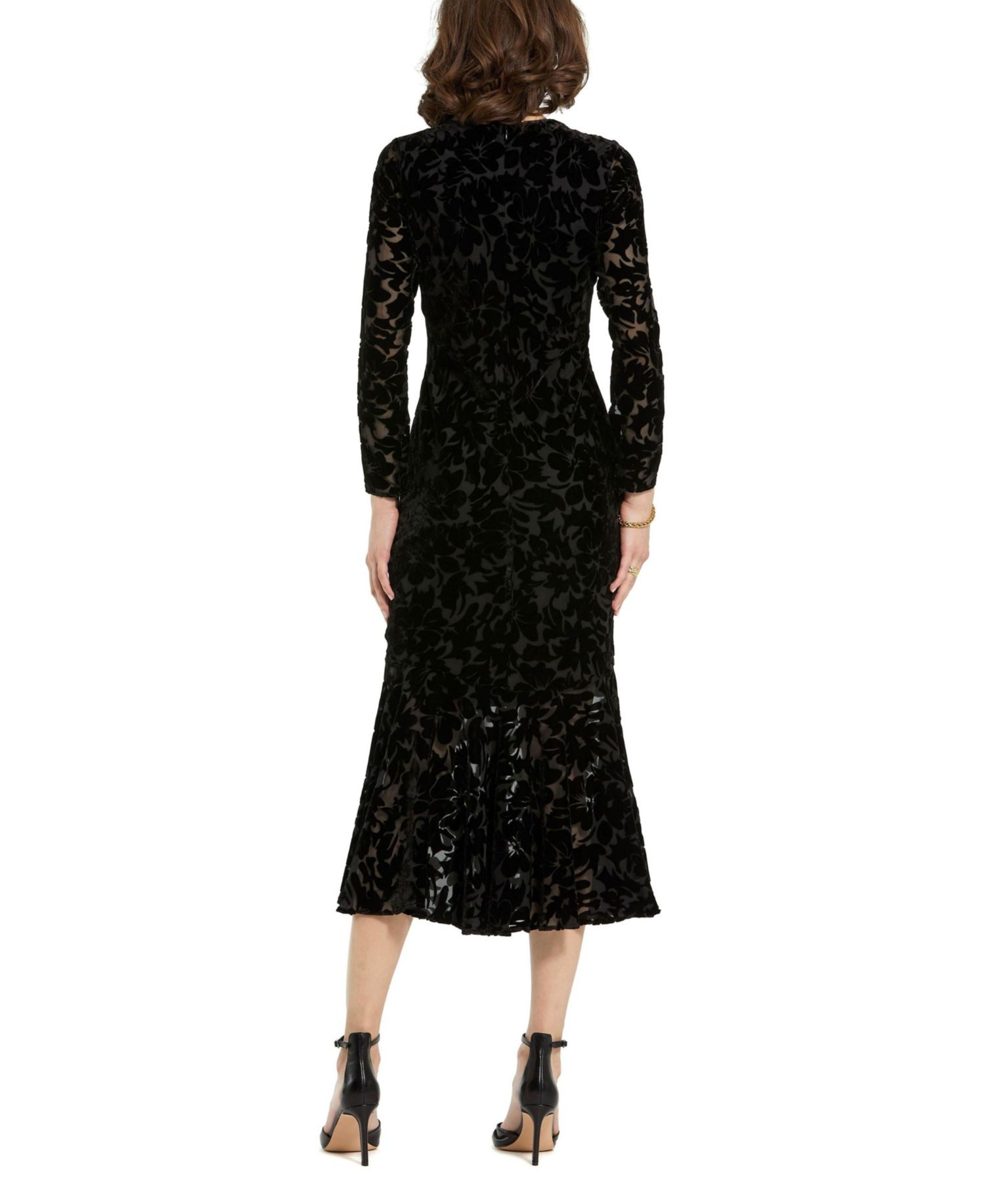 Women's Burnout Velvet Long Sleeve Ruffle Hem Midi Dress