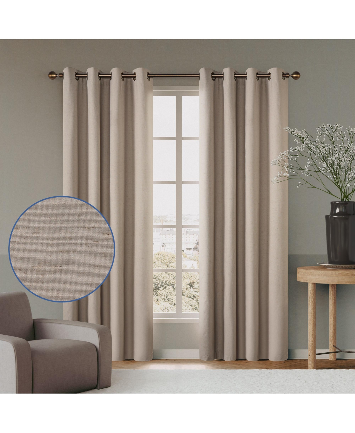 Linen Blend Total Blackout Grommet Curtains Pair, 52"X96" - Taupe