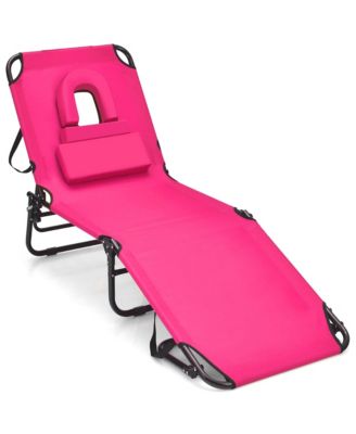 5-Position Lounge Chair Adjustable Beach Chaise w/ Face Cavity & Pillows