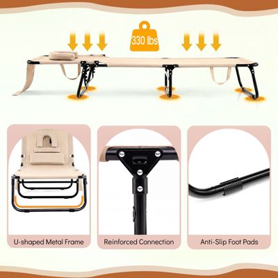 Folding Beach Sun Lounger Adjustable Face Down Tanning Chair w/ Face Hole and Removable Pillows Sand