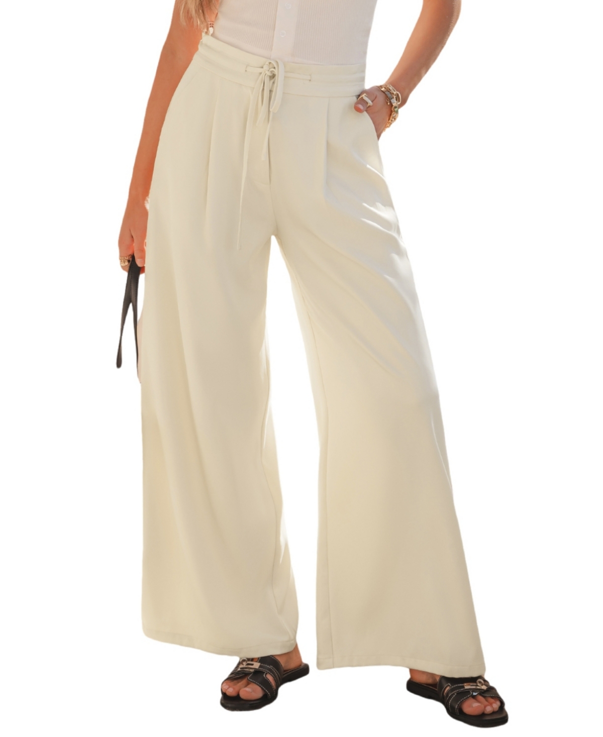 Women's Yellow Tie Waist Straight Leg Pants - Beige/khaki