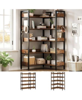 Convertible 5-Tier Corner Bookshelf with L-Shaped Industrial Design for Home Office, Living Room, or Study
