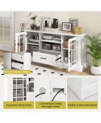 1 PC Wood Farmhouse TV Stand for TVs up to 70'' Media Center w/Glass Doors Cubbies & Drawer