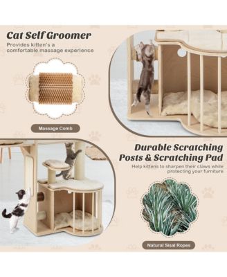 55'' Tall Cat Tree Tower Multi-Layer Wooden Activity Center w/ Rest Condo & Hammock