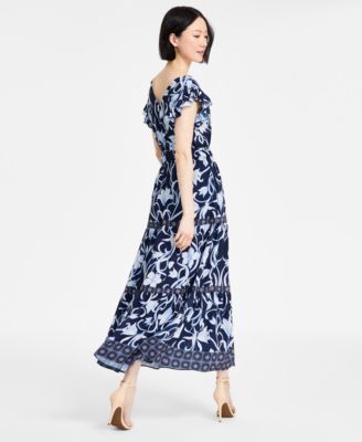 Women's Printed Border-Trim Drawstring Maxi Dress
