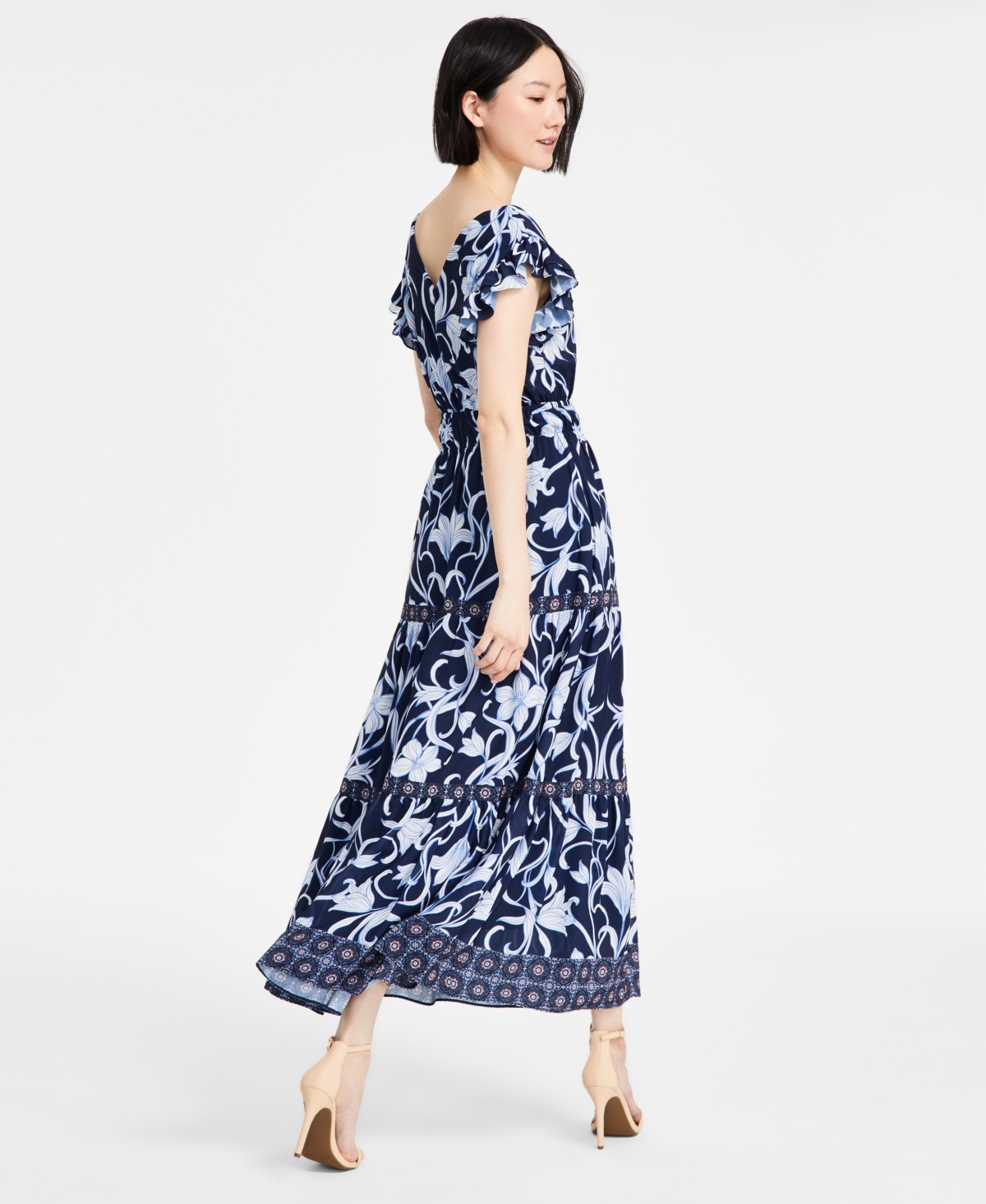 Anne Klein Women's Printed Border-trim Drawstring Maxi Dress In Distant Mountain Multi