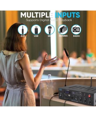 Bluetooth Public Address Amplifier - Compact PA Speaker & Microphone Receiver System with (2) Mic Inputs, MP3/USB/SD Readers, FM Radio (300W MAX)