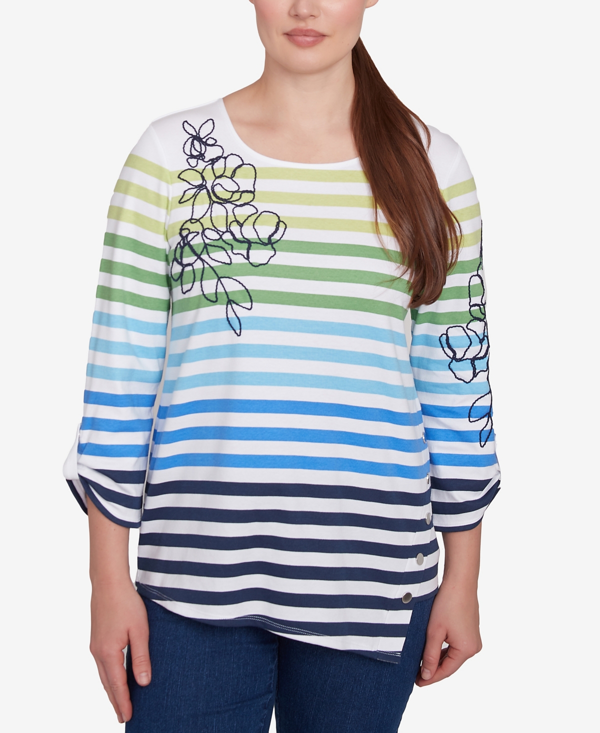 Petite Striped Embellished Three Quarter Sleeve Top - True Navy Multi