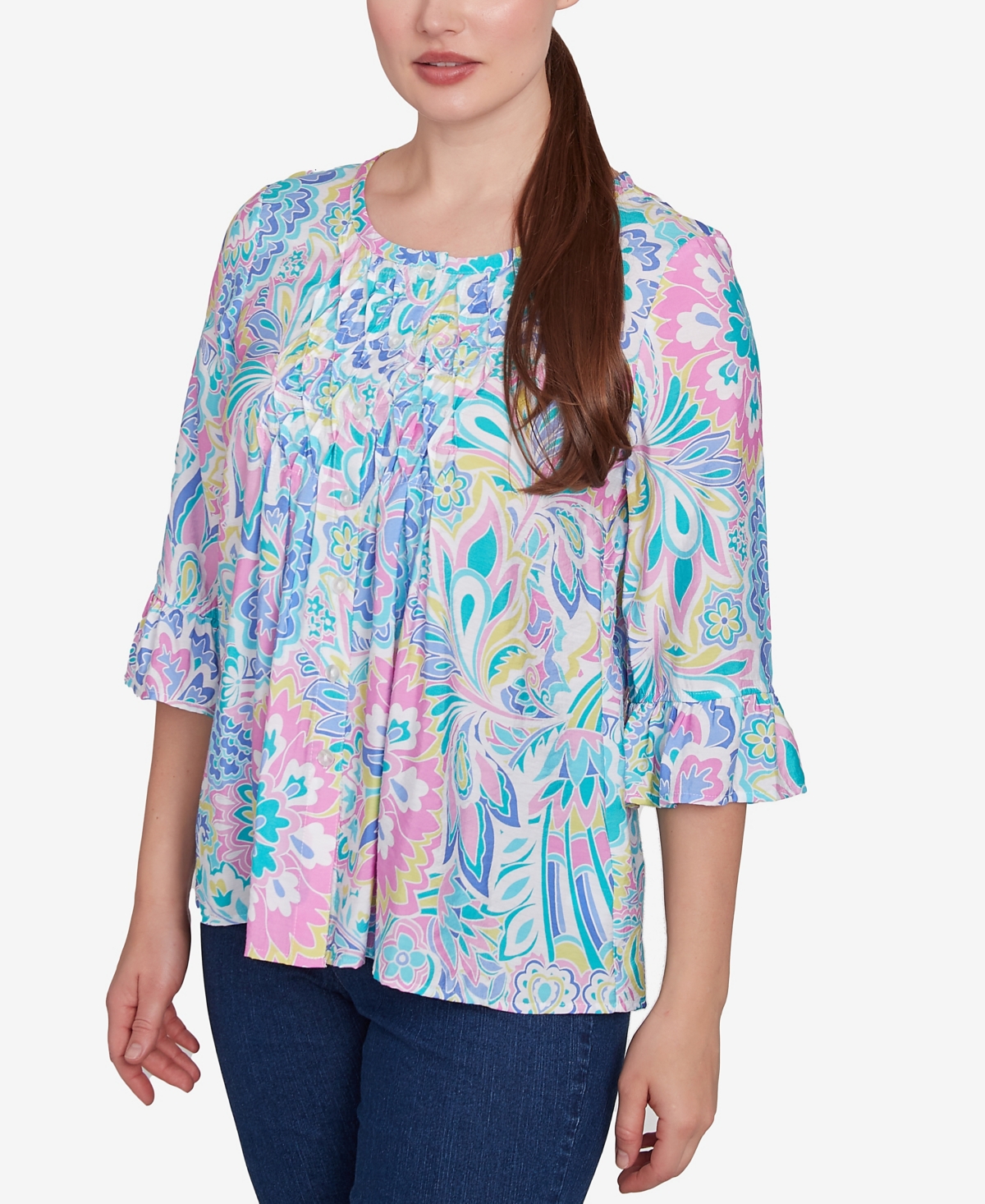 Ruby Rd. Petite Utopian Floral Silky Button Front Top In Capri Blue Multi