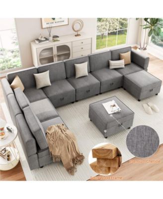 139.4" Chenille Reversible Sectional Sofa, 9-Seater Modular Sectional Sofa, Comfy Sectional Sleeper Sofa Couch with Chaise, U-Shape Modular Couch with Storage Seats & Ottomans, Grey
