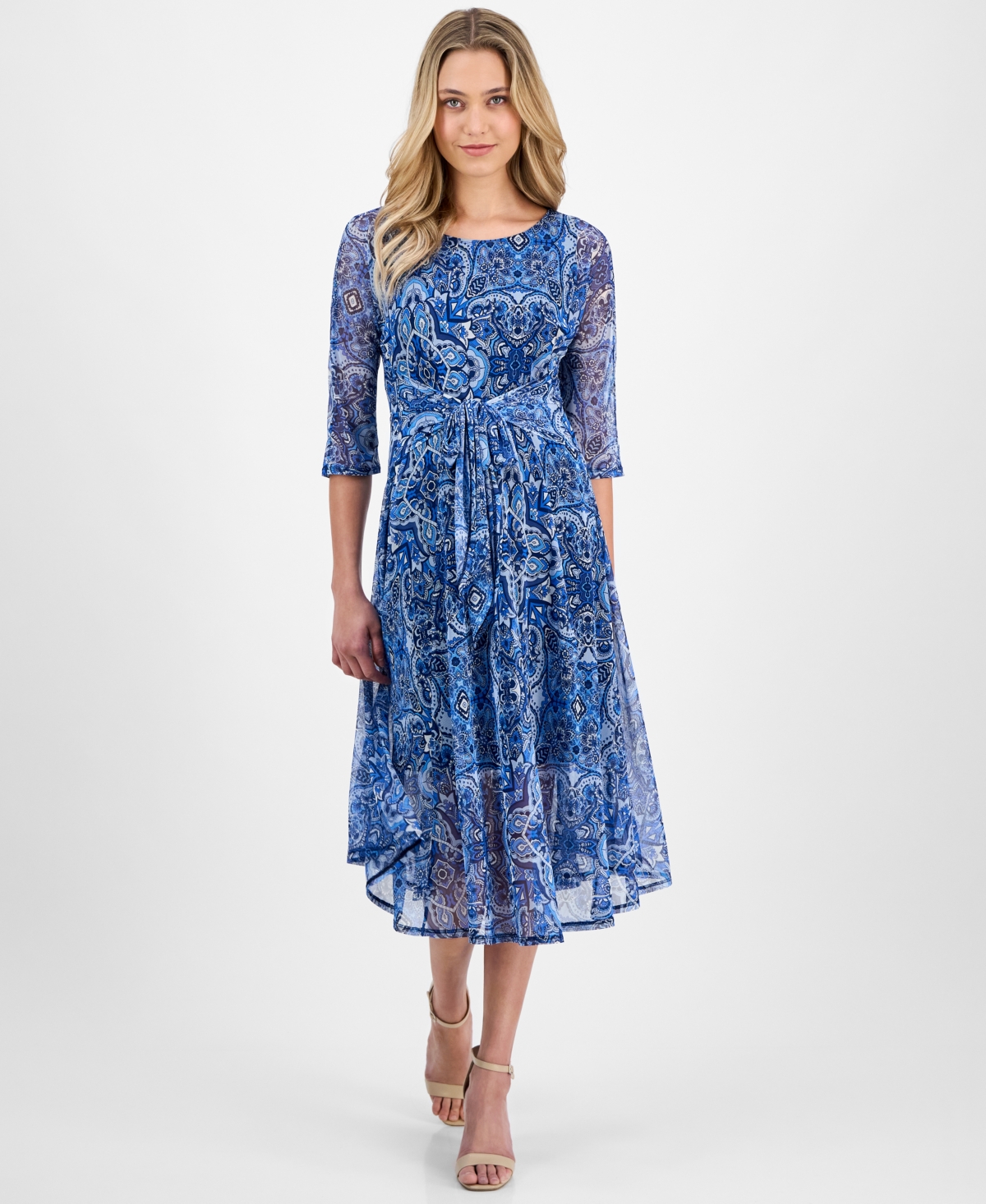 Women's Floral-Print Tie-Front A-Line Dress - Blue