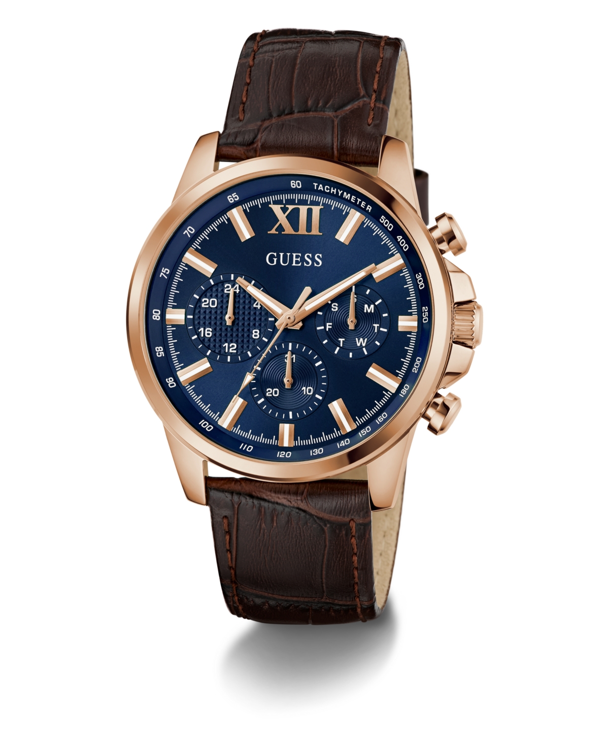 Guess Men's Multi-function Brown Genuine Leather Watch, 44mm In Brown
