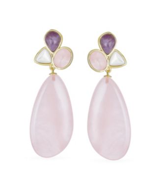 Fashion Multi Color Wire Wrap Large Oval Pear Shape Natural Stone Teardrop Drop Earrings Gold Plated