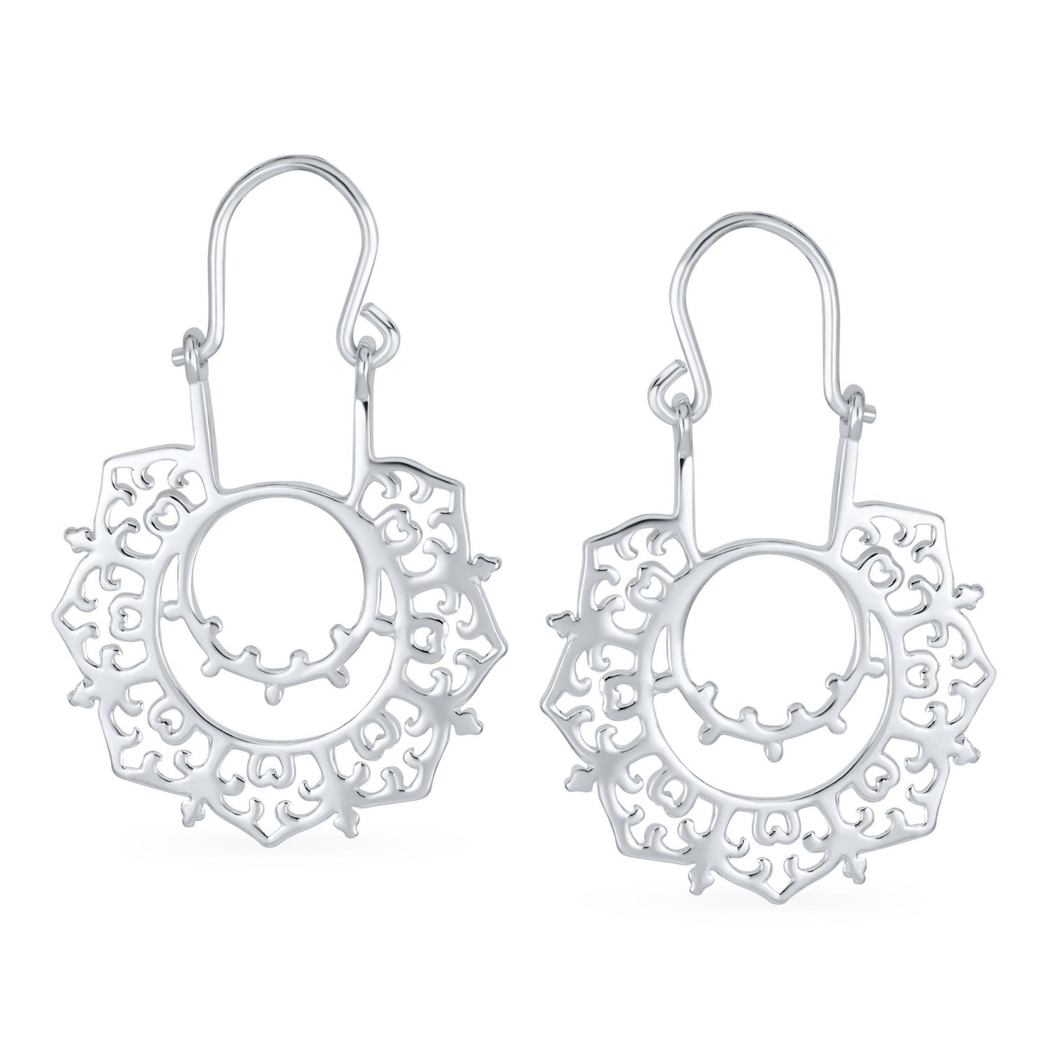 Indian Style Filigree Mandala Sanskrit Statement Earrings Sterling Silver
