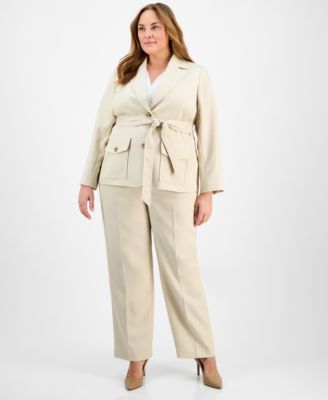 Plus Size Two-Button Belted Safari Jacket & Mid-Rise Straight-Leg Pants Set