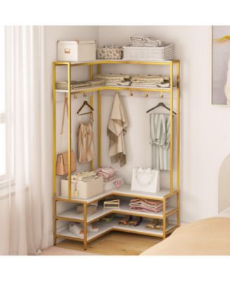 Corner Garment Rack with Open Shelves and 7 Hooks Shoe Bench