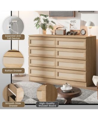 8 Drawer Double Dresser for Bedroom, Rattan Chest of Dressers