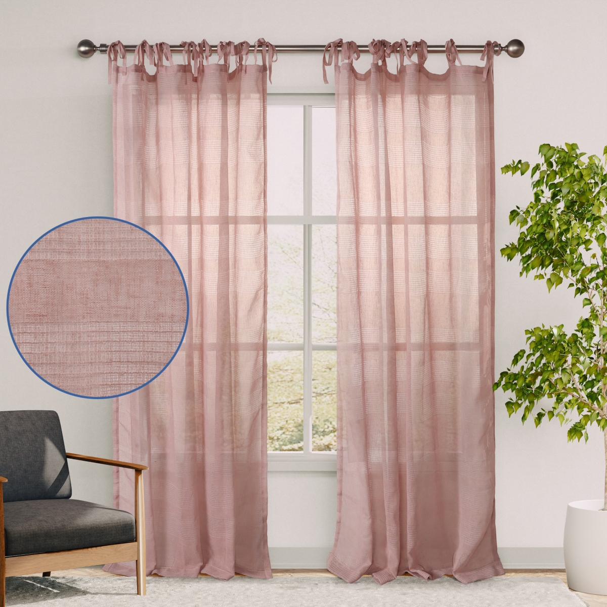 Grayson Stripe Sheer Tie Top Curtains Pair, 52"X96" - Lavendar
